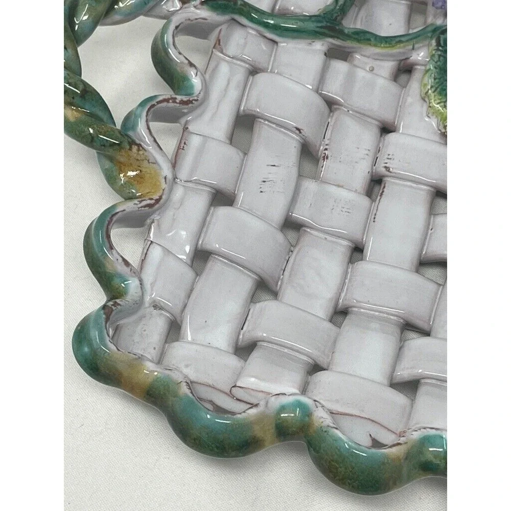 Vtg Italian Majolica Weave‎ Ceramic Decorative Tray Floral
